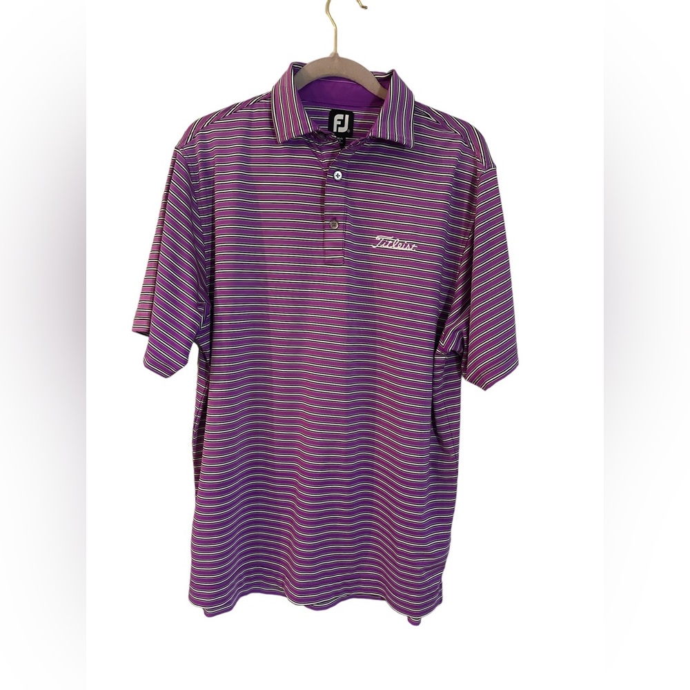Footjoy FJ Titleist White/Purple and black Striped Golf Shirt, SZ M EUC